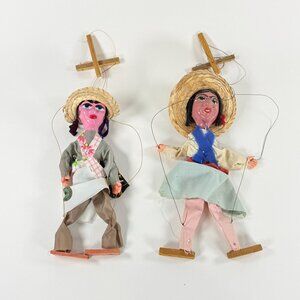 Vintage Mexican Marionette Pair String Puppet Dolls Folk Art Plastic Face